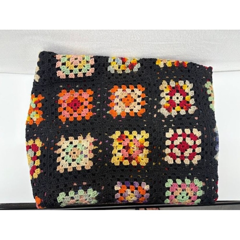 Hand Crochet Coverlet Twin Size 67 x 20 Black and Multicolor Vintage 60's